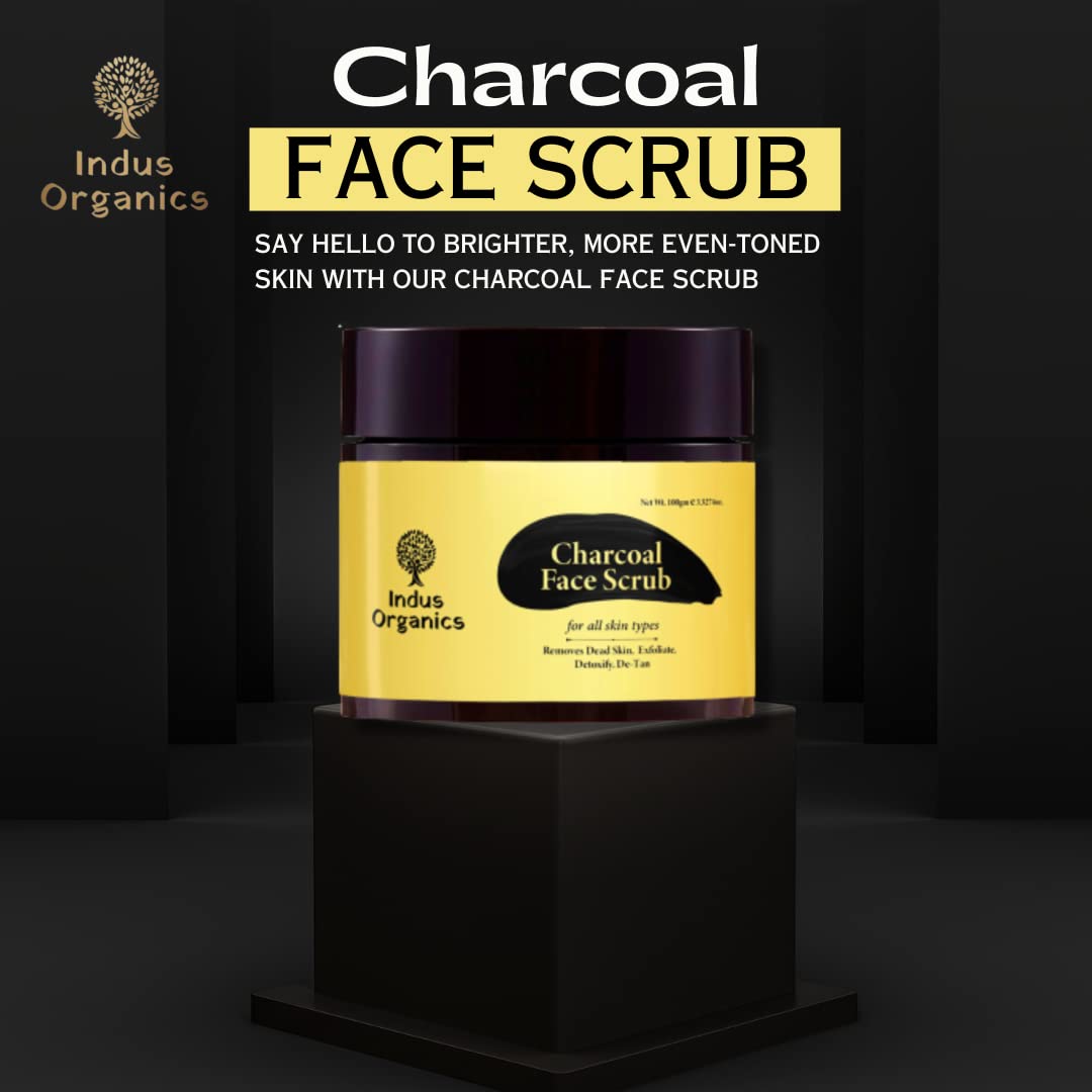 Indus Organics Charcoal Face Scrub 100gm | Tan Removal | Blackhead Remover | Exfoliate Scrub | Blackhead Whitehead Remover | Dead Skin Remover | Detan Pack I Face Scrub For Women & Men