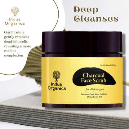 Indus Organics Charcoal Face Scrub 100gm | Tan Removal | Blackhead Remover | Exfoliate Scrub | Blackhead Whitehead Remover | Dead Skin Remover | Detan Pack I Face Scrub For Women & Men