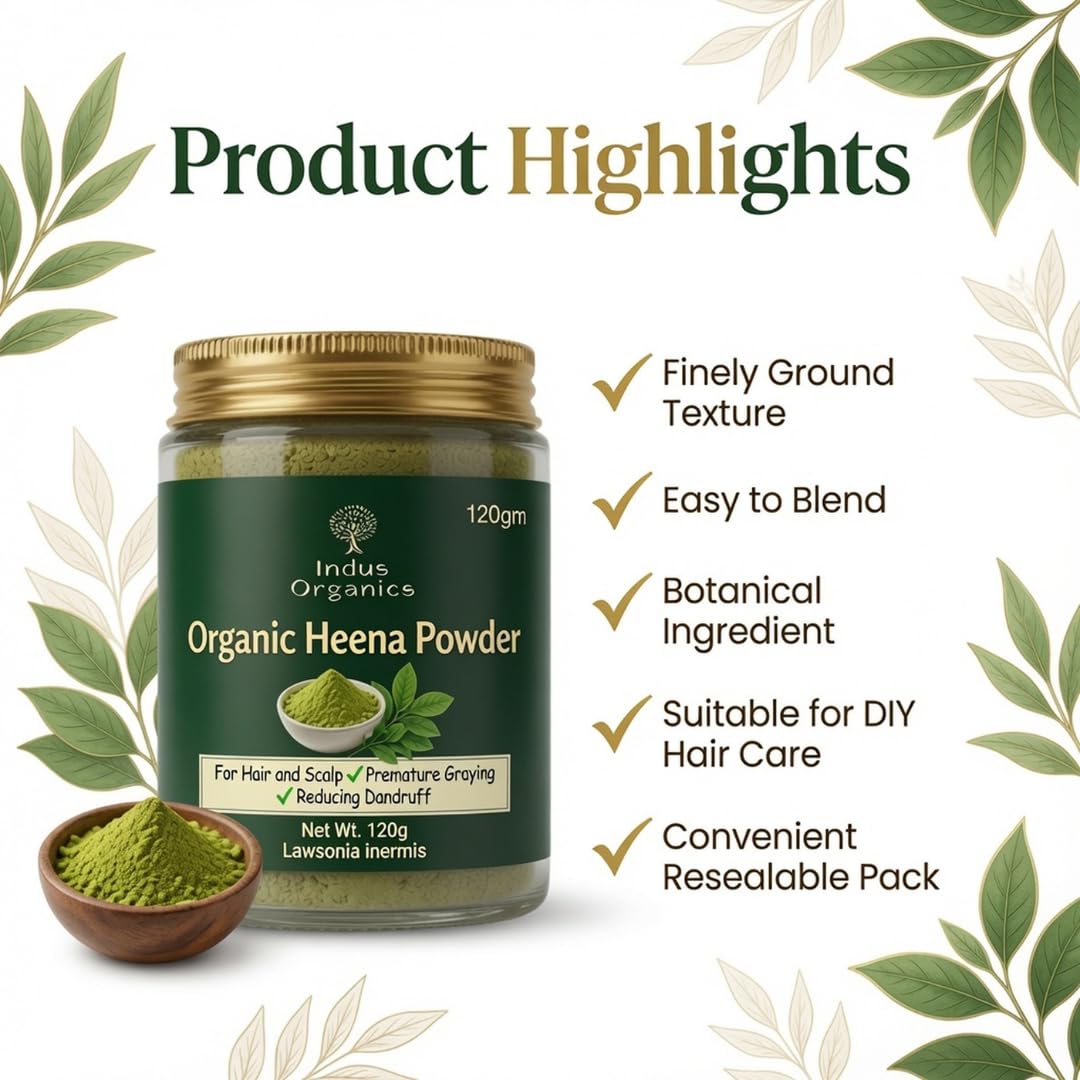 Indus Organics Heena/Henna Powder for Hair 120 gm | Mehndi | Fights Premature Greying & Long Lasting Henna | Natural Hair Dye |