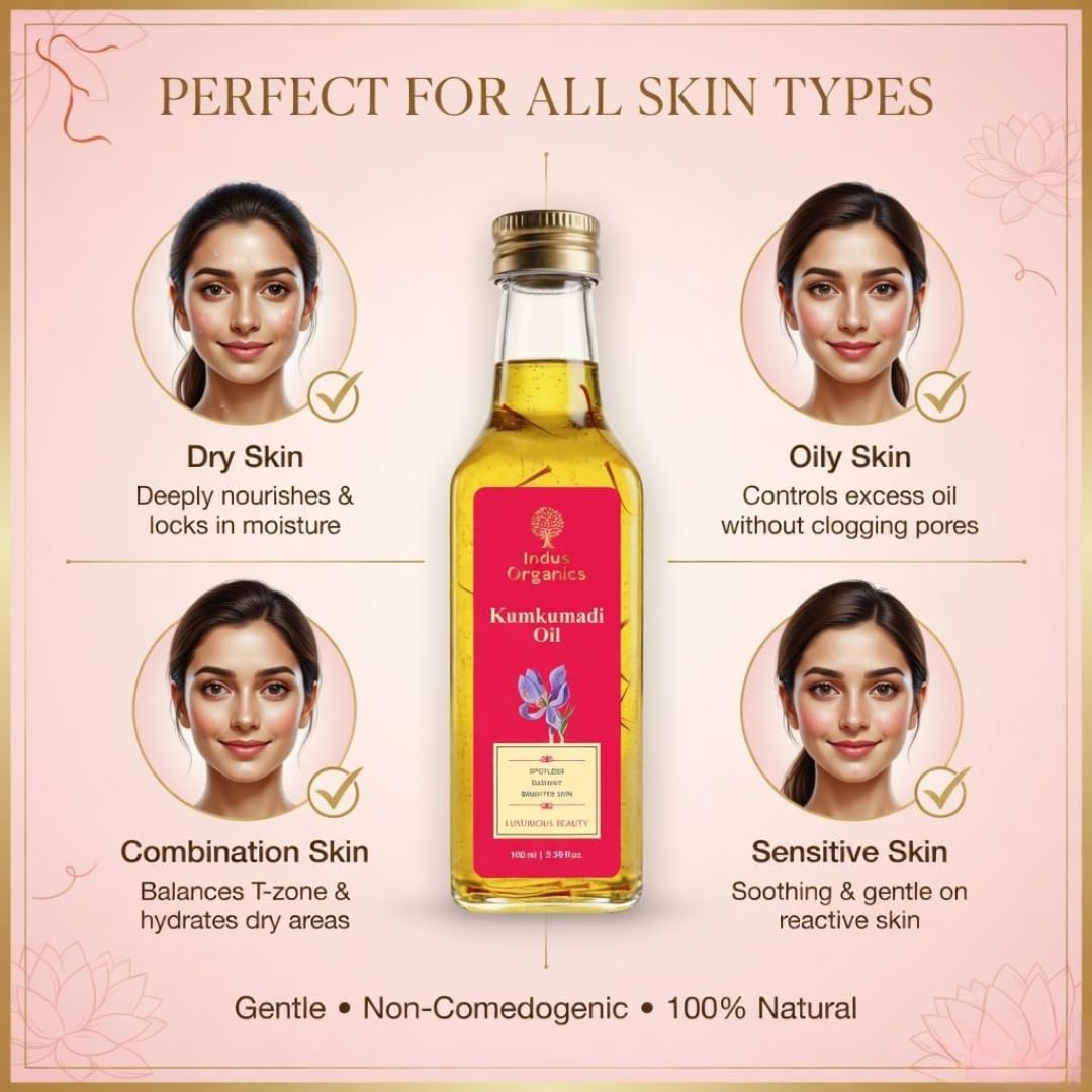 Indus Organics Kumkumadi Oil/Kumkumadi Tailam 100 ml For Glowing Skin | Help In Acne, Pimples, Pigmentation and Dark Spot | Natural Ayurvedic Face Oil | Dark Spot Removal | Enriched With Saffron, Sandalwood and Manjistha.