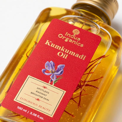 Indus Organics Kumkumadi Oil/Kumkumadi Tailam 100 ml For Glowing Skin | Help In Acne, Pimples, Pigmentation and Dark Spot | Natural Ayurvedic Face Oil | Dark Spot Removal | Enriched With Saffron, Sandalwood and Manjistha.