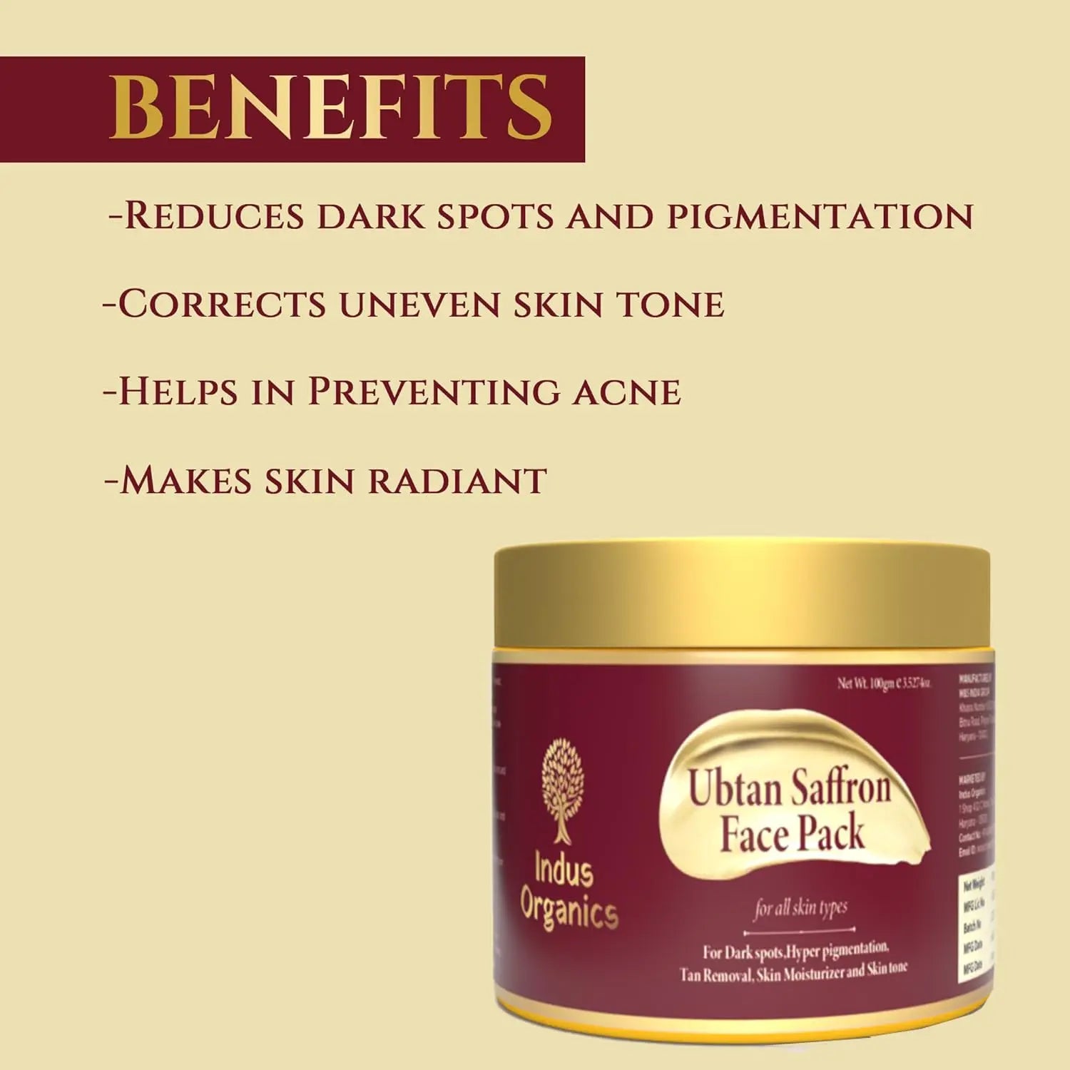 Ubtan Saffron Face Mask for Glowing Skin, for tan removal & Hyperpigmentation Indus Organics