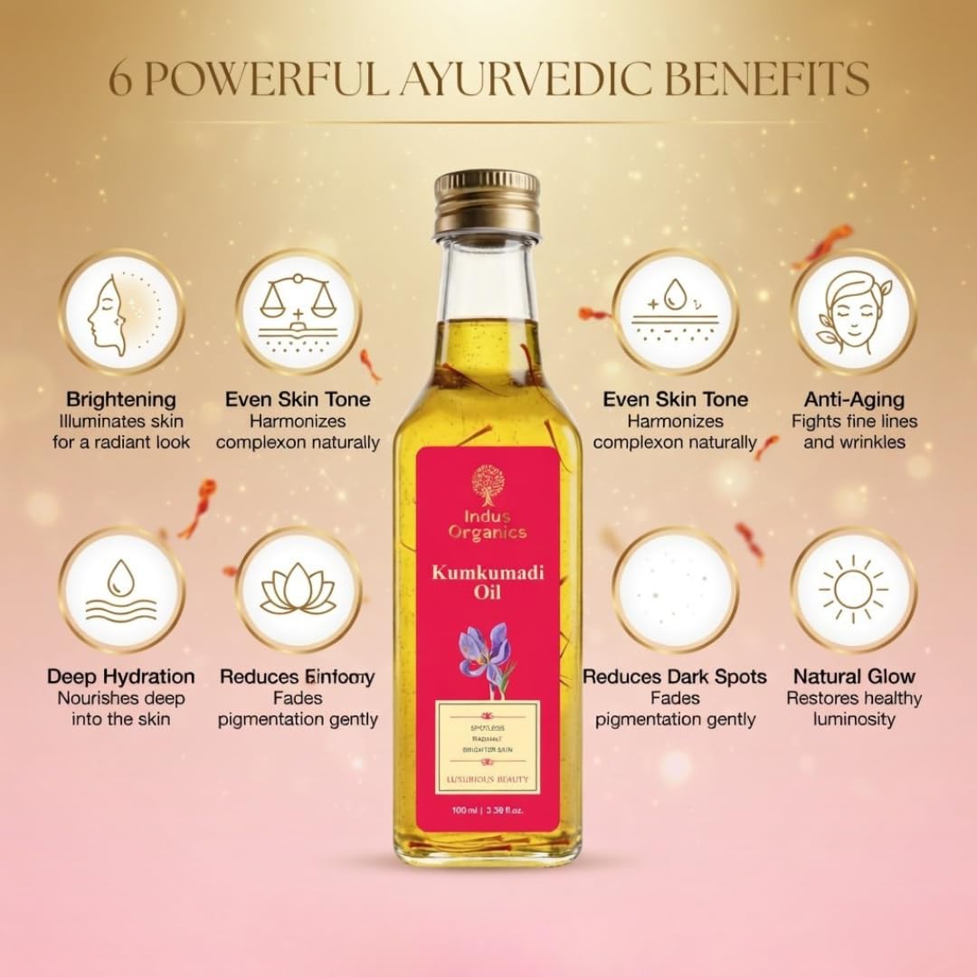 Indus Organics Kumkumadi Oil/Kumkumadi Tailam 100 ml For Glowing Skin | Help In Acne, Pimples, Pigmentation and Dark Spot | Natural Ayurvedic Face Oil | Dark Spot Removal | Enriched With Saffron, Sandalwood and Manjistha.