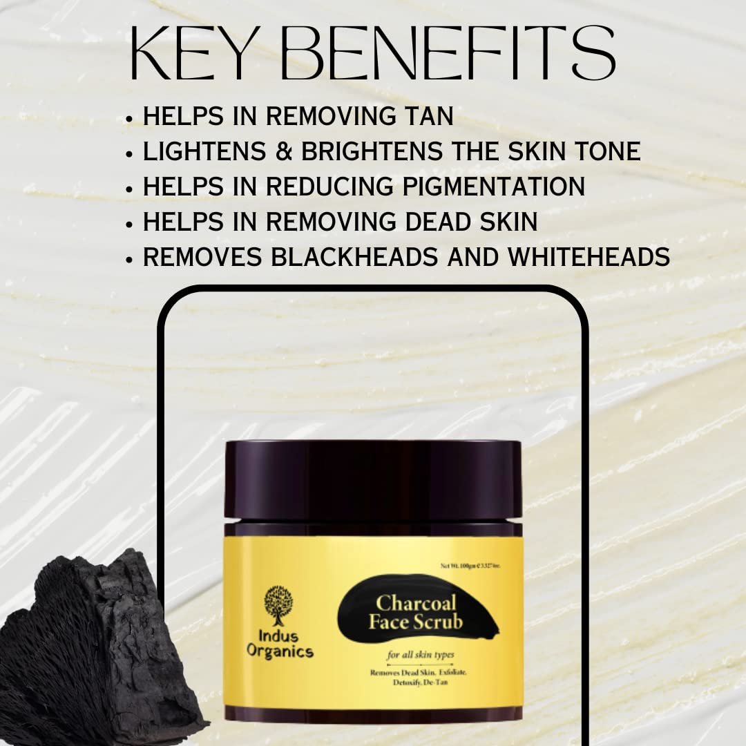 Indus Organics Charcoal Face Scrub 100gm | Tan Removal | Blackhead Remover | Exfoliate Scrub | Blackhead Whitehead Remover | Dead Skin Remover | Detan Pack I Face Scrub For Women & Men