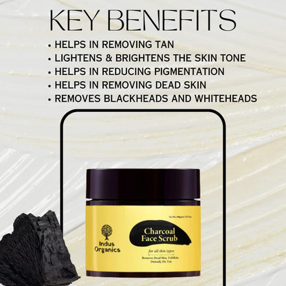 Indus Organics Charcoal Face Scrub 100gm | Tan Removal | Blackhead Remover | Exfoliate Scrub | Blackhead Whitehead Remover | Dead Skin Remover | Detan Pack I Face Scrub For Women & Men