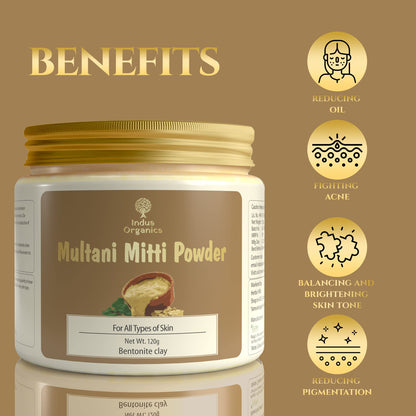 Indus Organics Multani mitti Powder | Bentonite Clay | for Hair and Skin | Black head | Open Pores | Skin whitening | Tan Removal | 120 gm