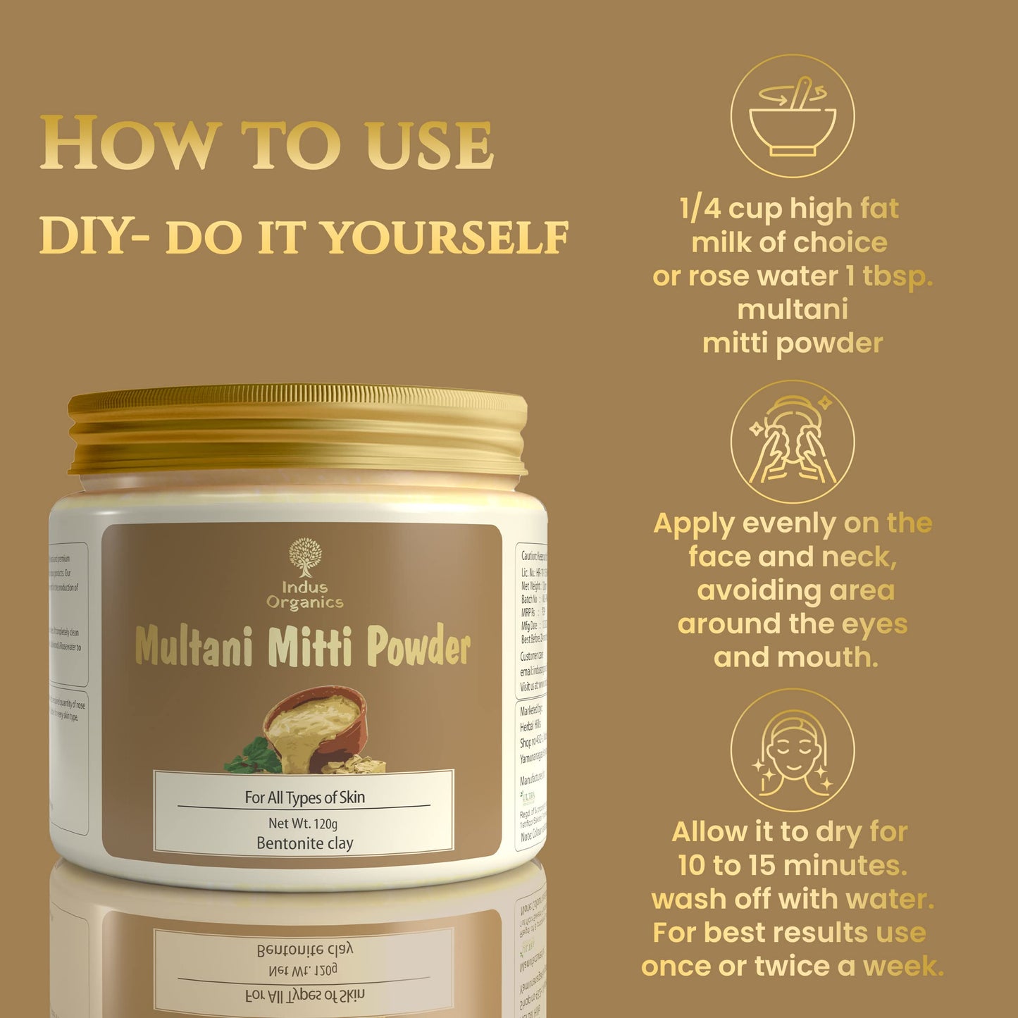 Indus Organics Multani mitti Powder | Bentonite Clay | for Hair and Skin | Black head | Open Pores | Skin whitening | Tan Removal | 120 gm