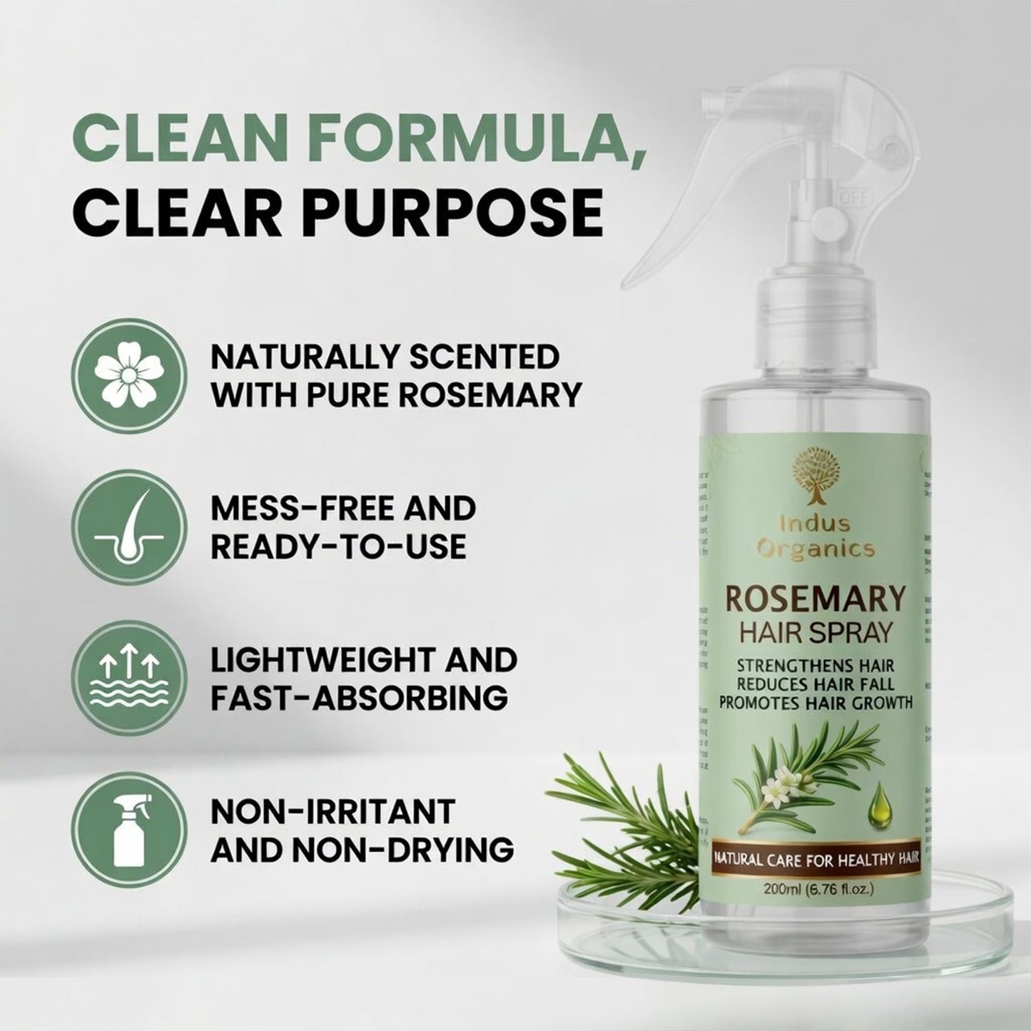 Indus Organics Rosemary Water Spray for Hair Growth  | Hair Growth Expert | Hair Spray for Regrowth | 200 Ml