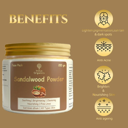 Indus Organics Sandalwood Powder 220gm for De Tan, Glowing skin, Oil Control, Fades Acne Scars & Ageing Marks | Chandan Powder | Sandalwood powder for face pack |