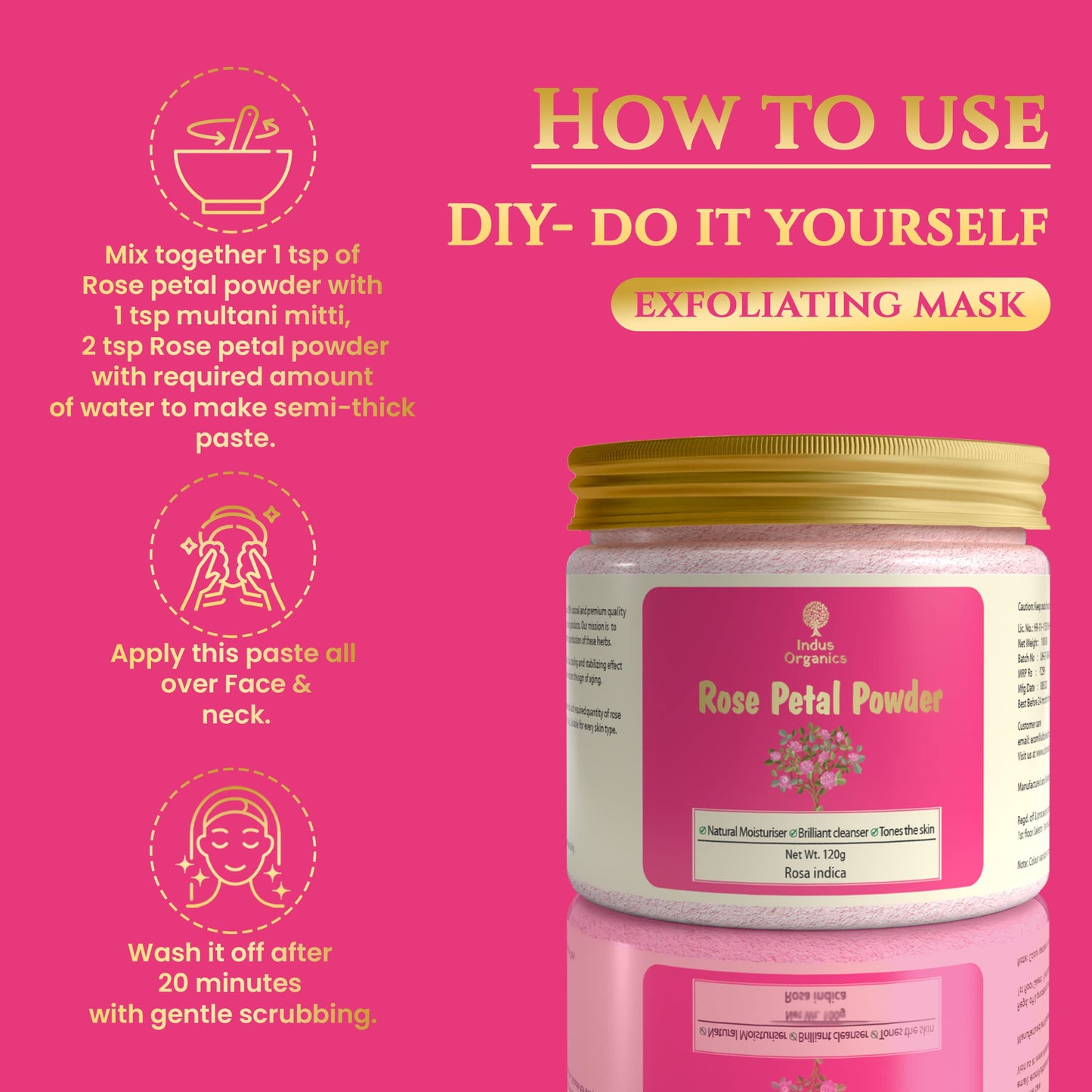 Indus Organics Rose Petal Powder for | Skin glow | Tan removal | Hair mask | fairness and shiny skin | 120 gm|