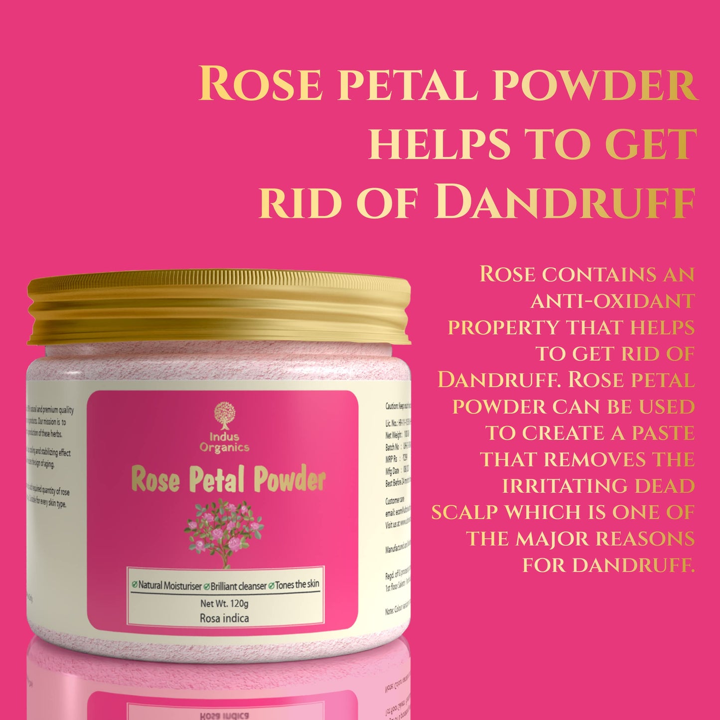 Indus Organics Rose Petal Powder for | Skin glow | Tan removal | Hair mask | fairness and shiny skin | 120 gm|