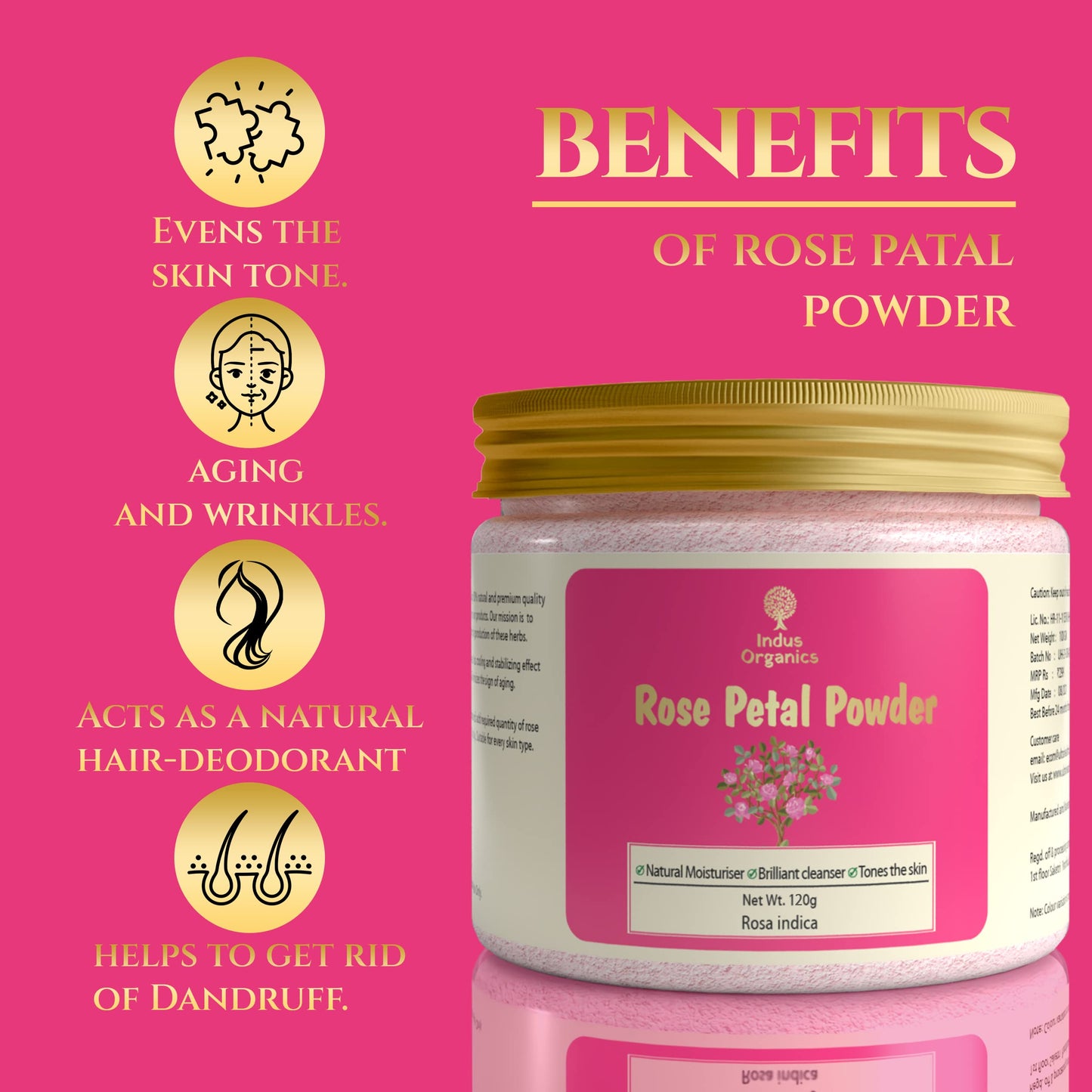 Indus Organics Rose Petal Powder for | Skin glow | Tan removal | Hair mask | fairness and shiny skin | 120 gm|