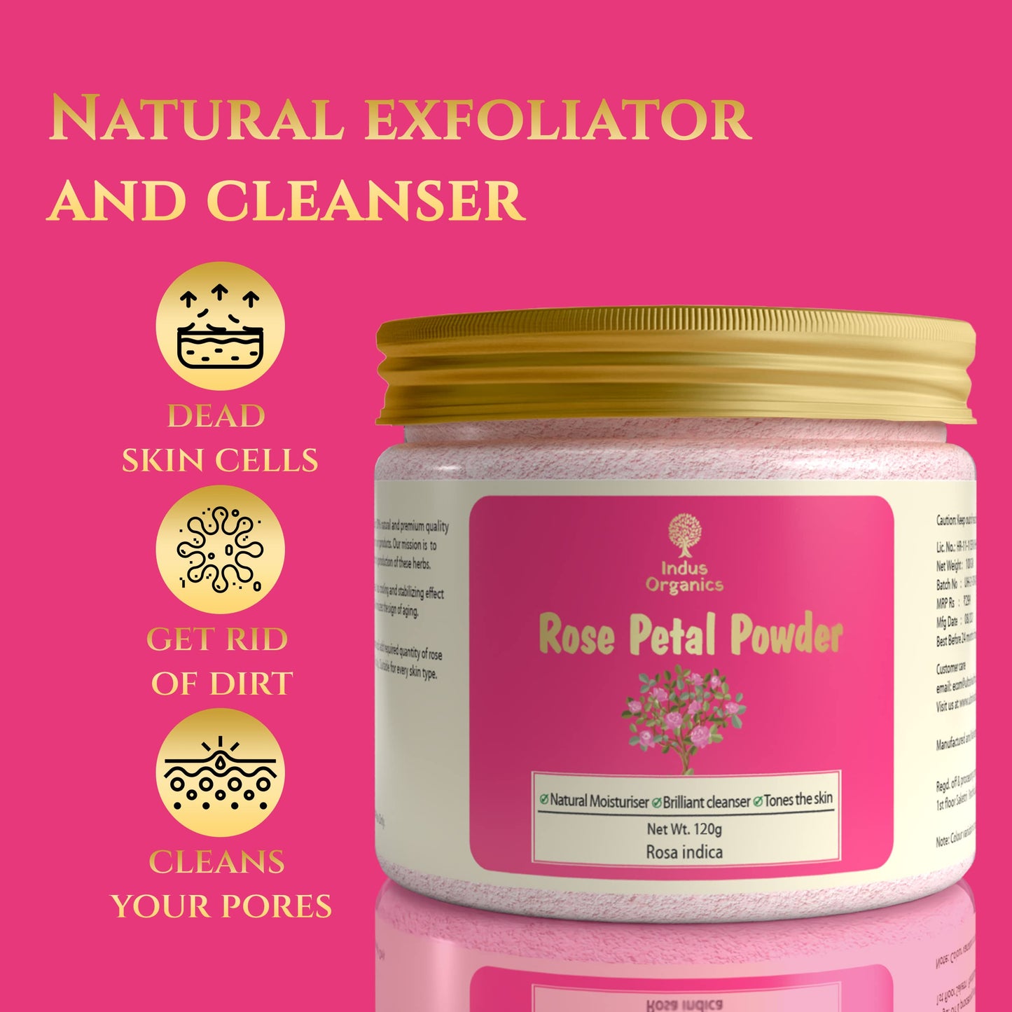 Indus Organics Rose Petal Powder for | Skin glow | Tan removal | Hair mask | fairness and shiny skin | 120 gm|