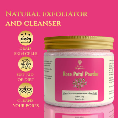 Indus Organics Rose Petal Powder for | Skin glow | Tan removal | Hair mask | fairness and shiny skin | 120 gm|