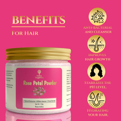 Indus Organics Rose Petal Powder for | Skin glow | Tan removal | Hair mask | fairness and shiny skin | 120 gm|