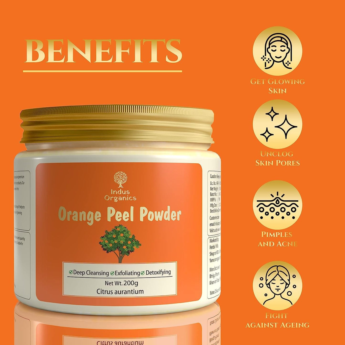 Indus Organics Orange Peel Powder face pack | Citrus aurantium - For Tan Removal, Oil Control, Glowing Skin, Scars, Boosten Collagen, Natural Skin cleanse and Natural Face pack with Vitamin C - 200gm |