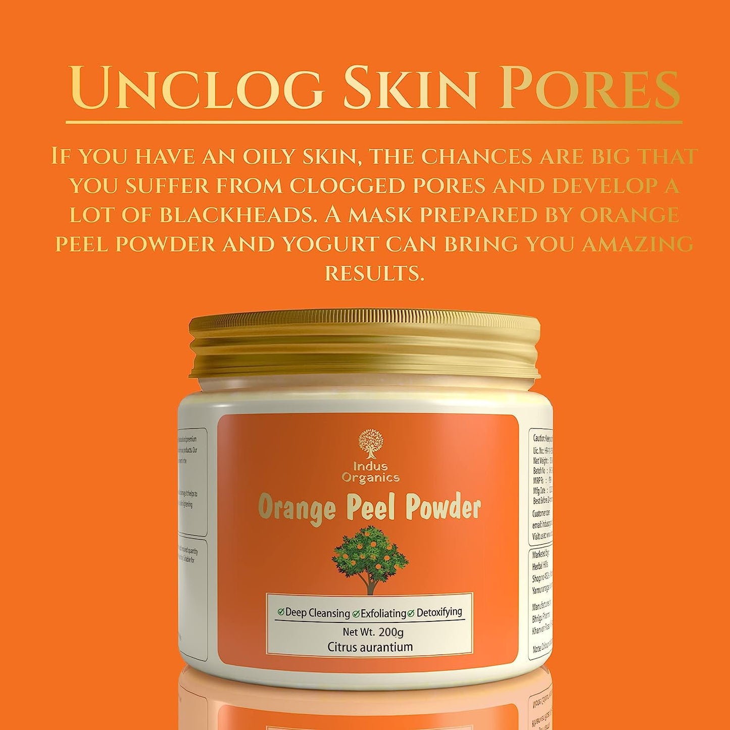 Indus Organics Orange Peel Powder face pack | Citrus aurantium - For Tan Removal, Oil Control, Glowing Skin, Scars, Boosten Collagen, Natural Skin cleanse and Natural Face pack with Vitamin C - 200gm |