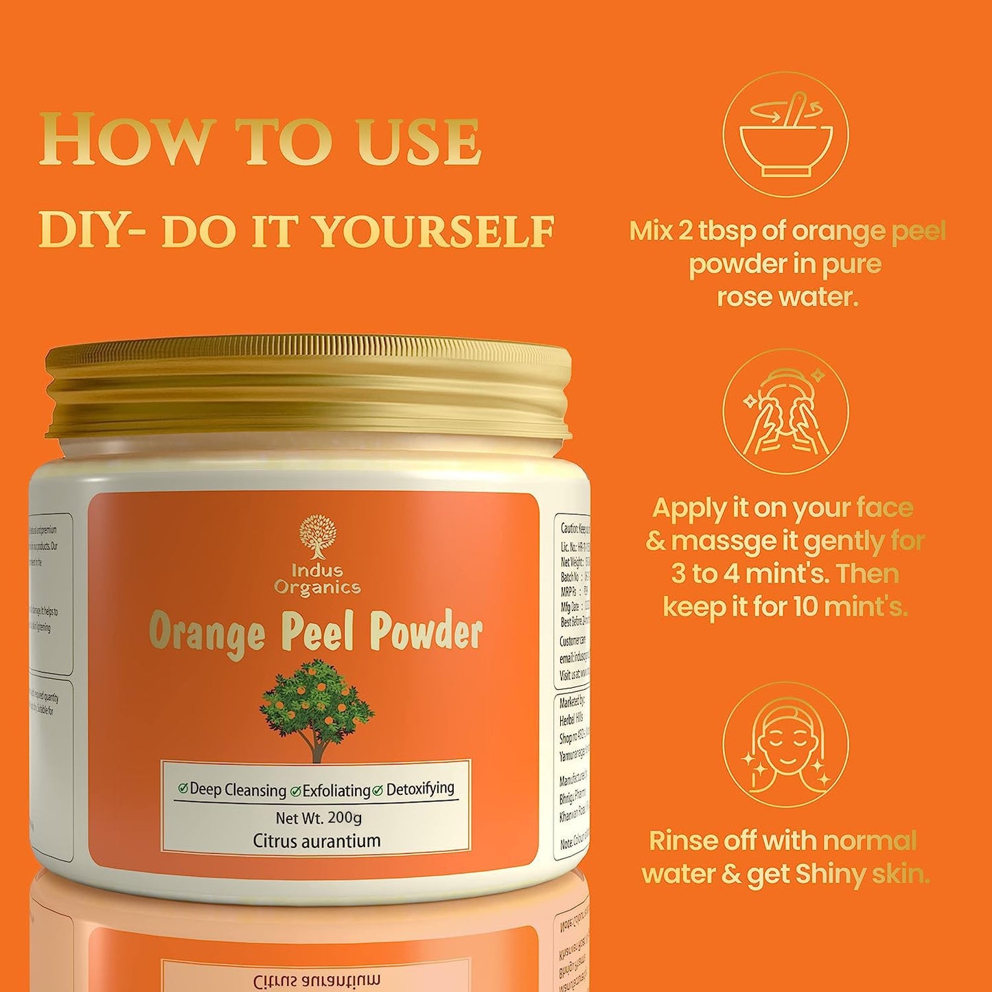 Indus Organics Orange Peel Powder face pack | Citrus aurantium - For Tan Removal, Oil Control, Glowing Skin, Scars, Boosten Collagen, Natural Skin cleanse and Natural Face pack with Vitamin C - 200gm |